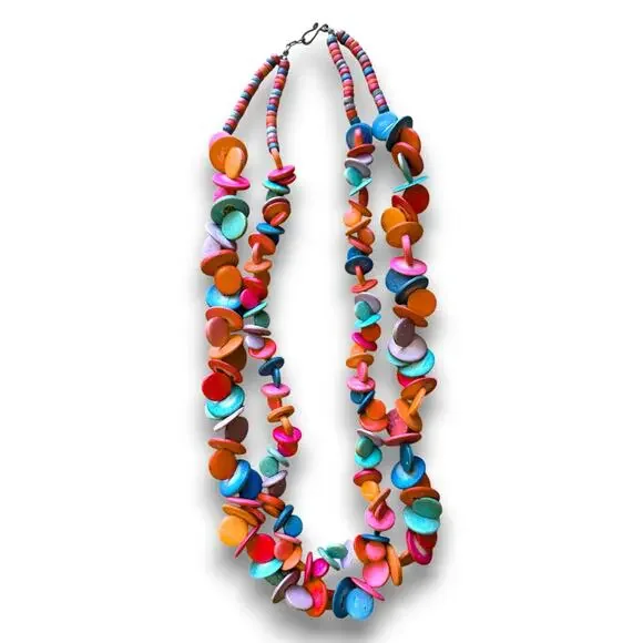 Vintage Double Strand Painted Wood Disc Necklace and Clip On Earring Set - Picture 7 of 9